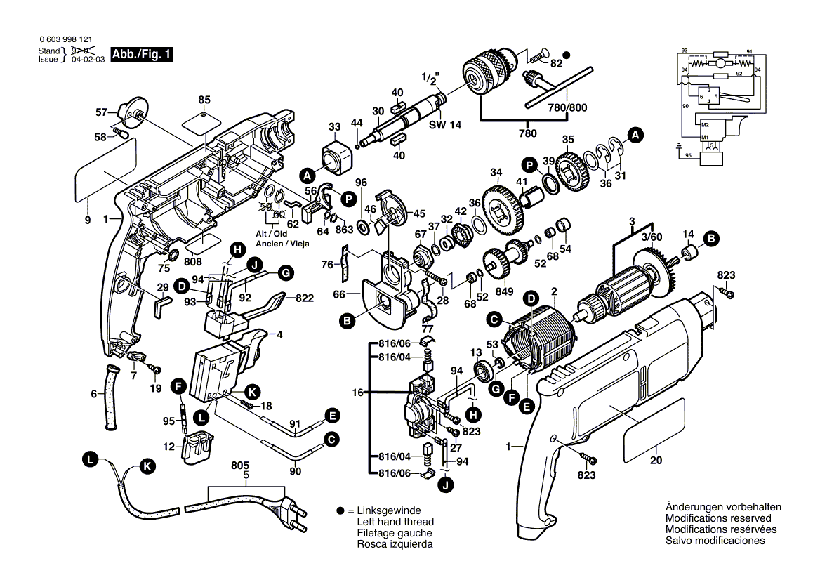 Для ударной дрели Bosch CSB 6-20 RE 230 V 0603998121, деталировка 1