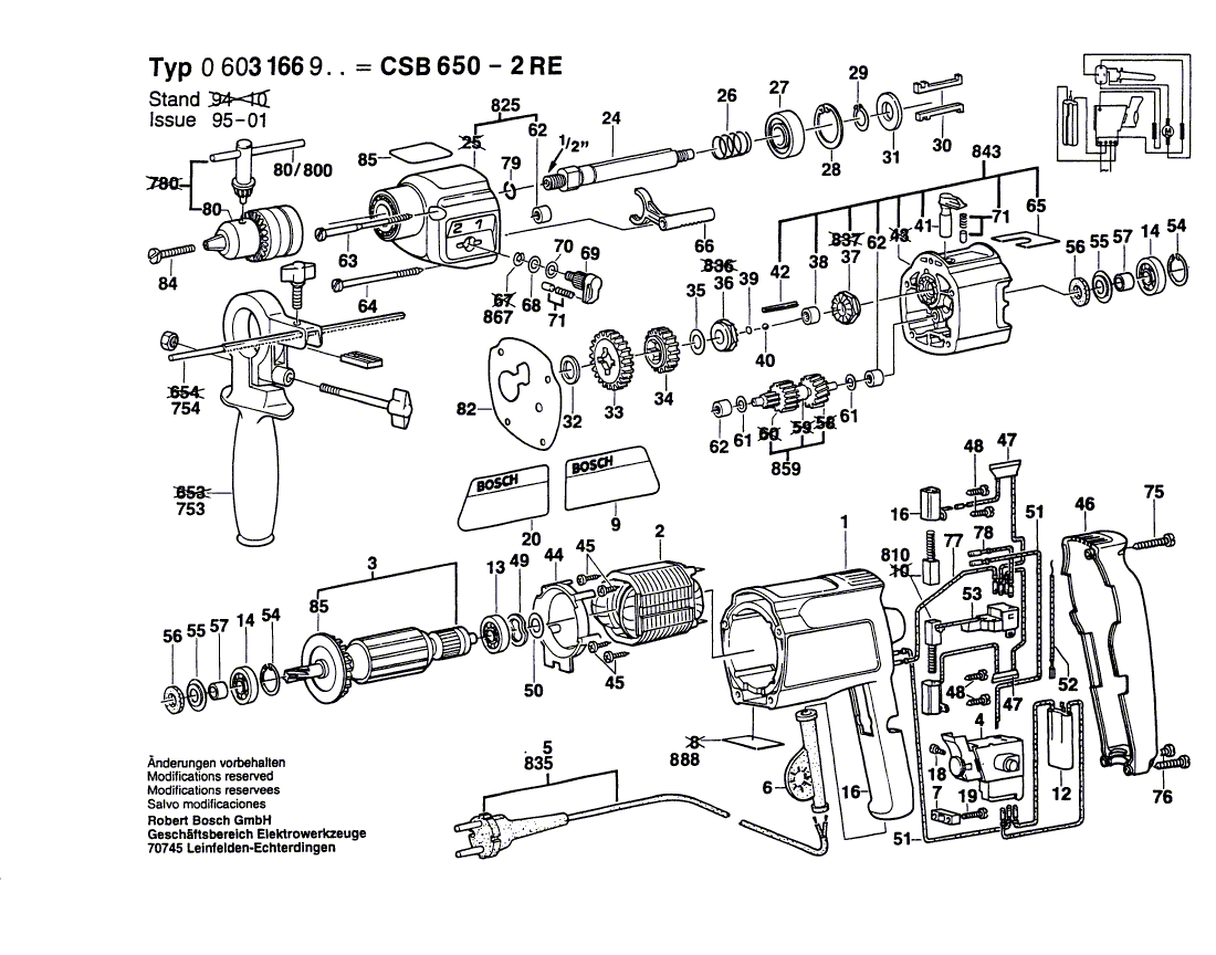 Для ударной дрели Bosch CSB 650-2 RE 220 V 0603166903, деталировка 1