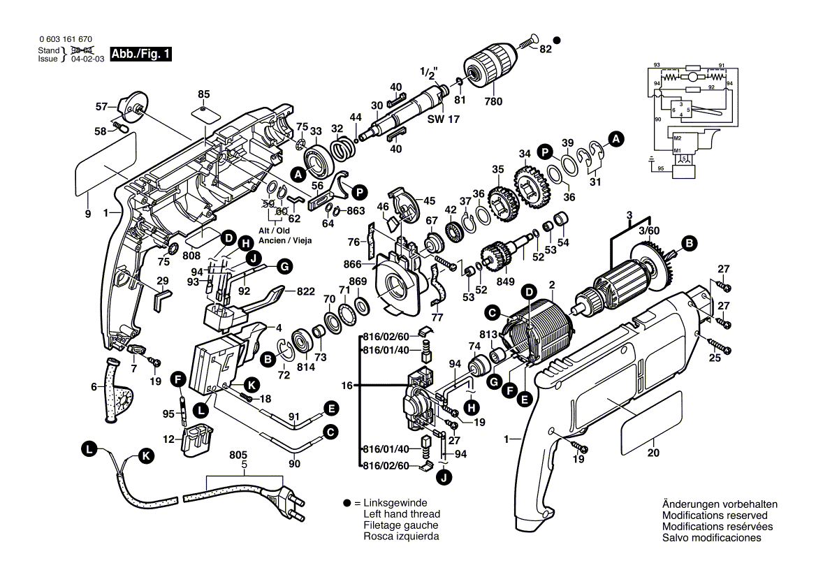 Для ударной дрели Bosch CSB 650-2 RE 230 V 0603161670, деталировка 1