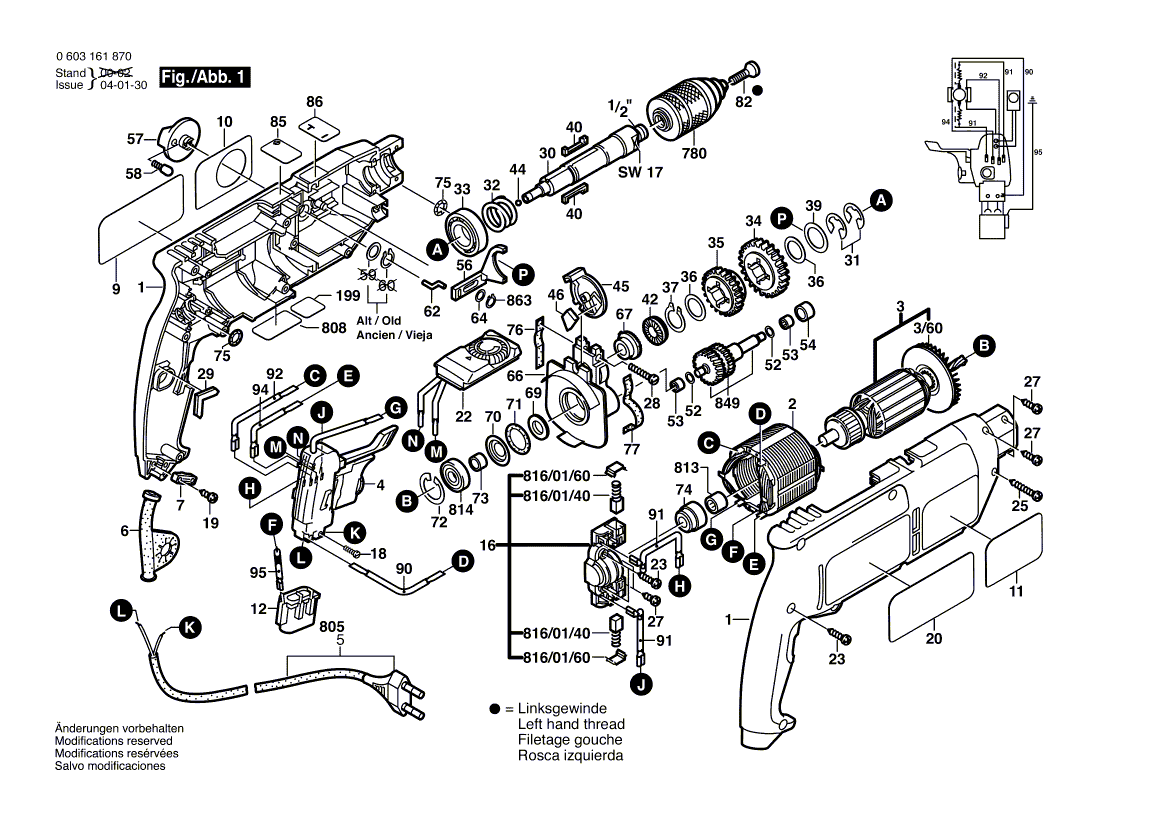 Для ударной дрели Bosch CSB 650-2 RE 230 V 0603161870, деталировка 1