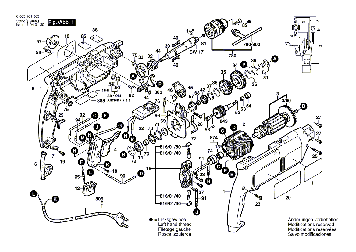 Для ударной дрели Bosch CSB 650-2 RET 230 V 0603161803, деталировка 1