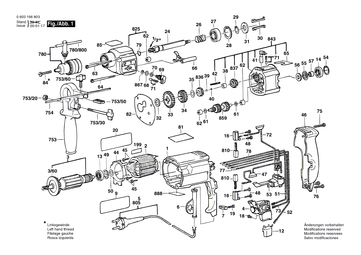 Для ударной дрели Bosch CSB 680-2 RE 230 V 0603166803, деталировка 1