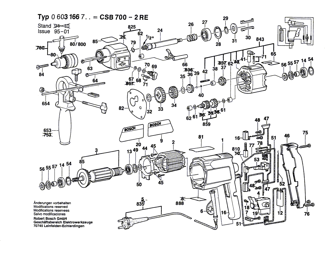 Для ударной дрели Bosch CSB 700-2 RE 220 V 0603166703, деталировка 1