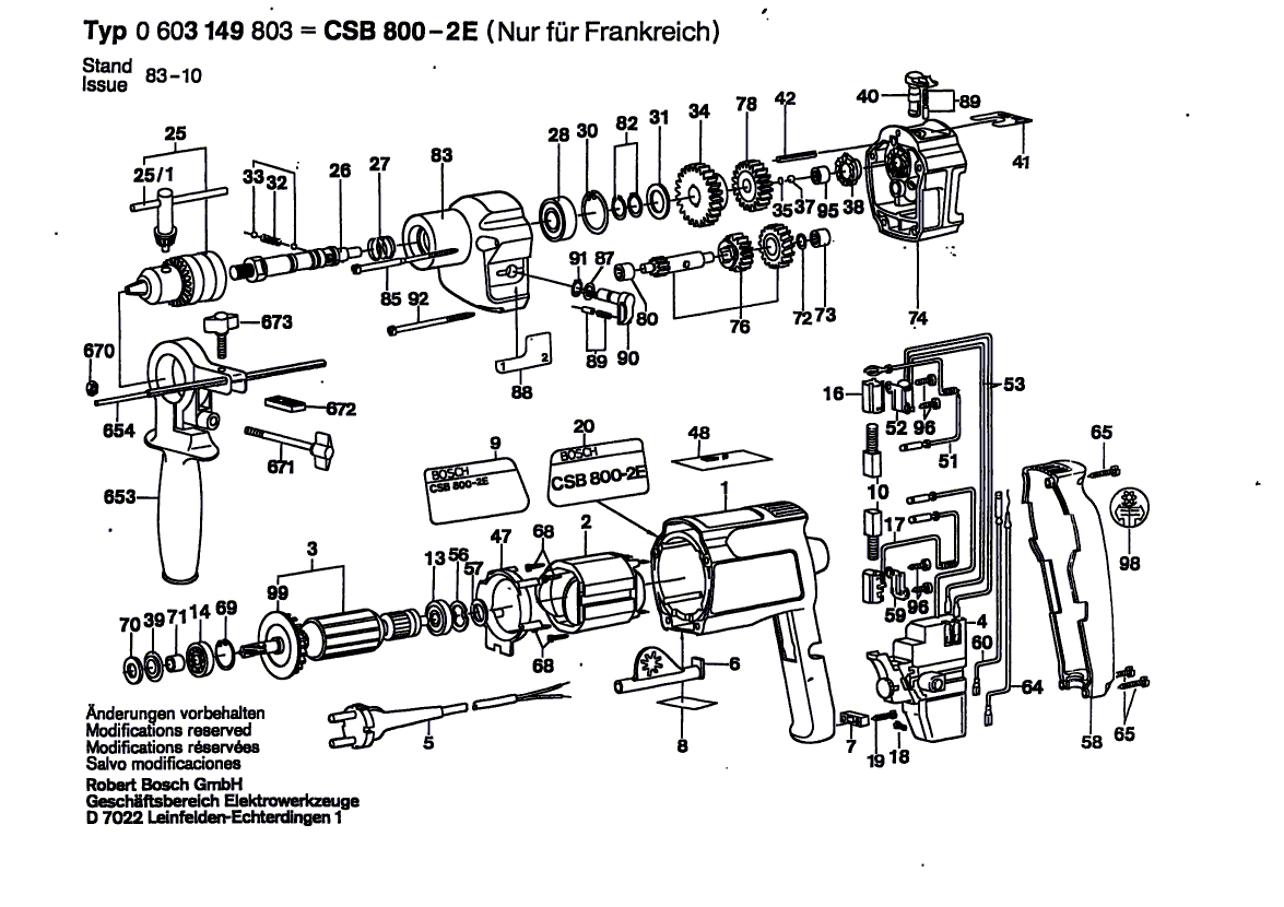 Для ударной дрели Bosch CSB 800-2 E 220 V 0603149803, деталировка 1