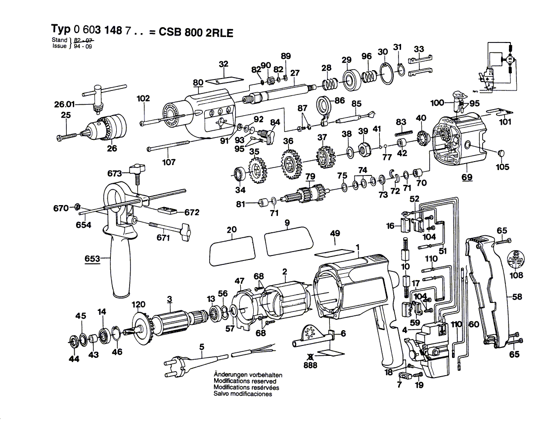 Для ударной дрели Bosch CSB 800-2 RLE 220 V 0603148703, деталировка 1