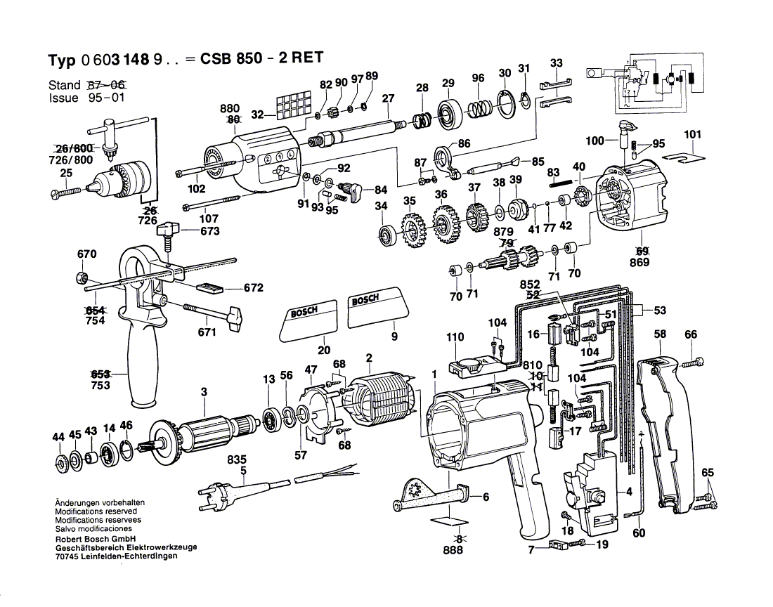 Для ударной дрели Bosch CSB 850-2 RET 220 V 0603148903, деталировка 1