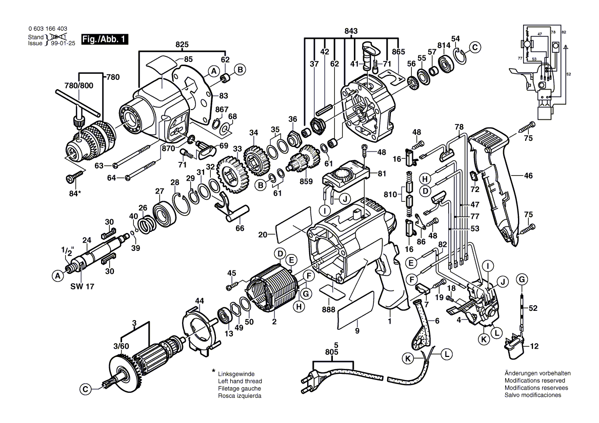 Для ударной дрели Bosch CSB 850-2 RET 230 V 0603166403, деталировка 1