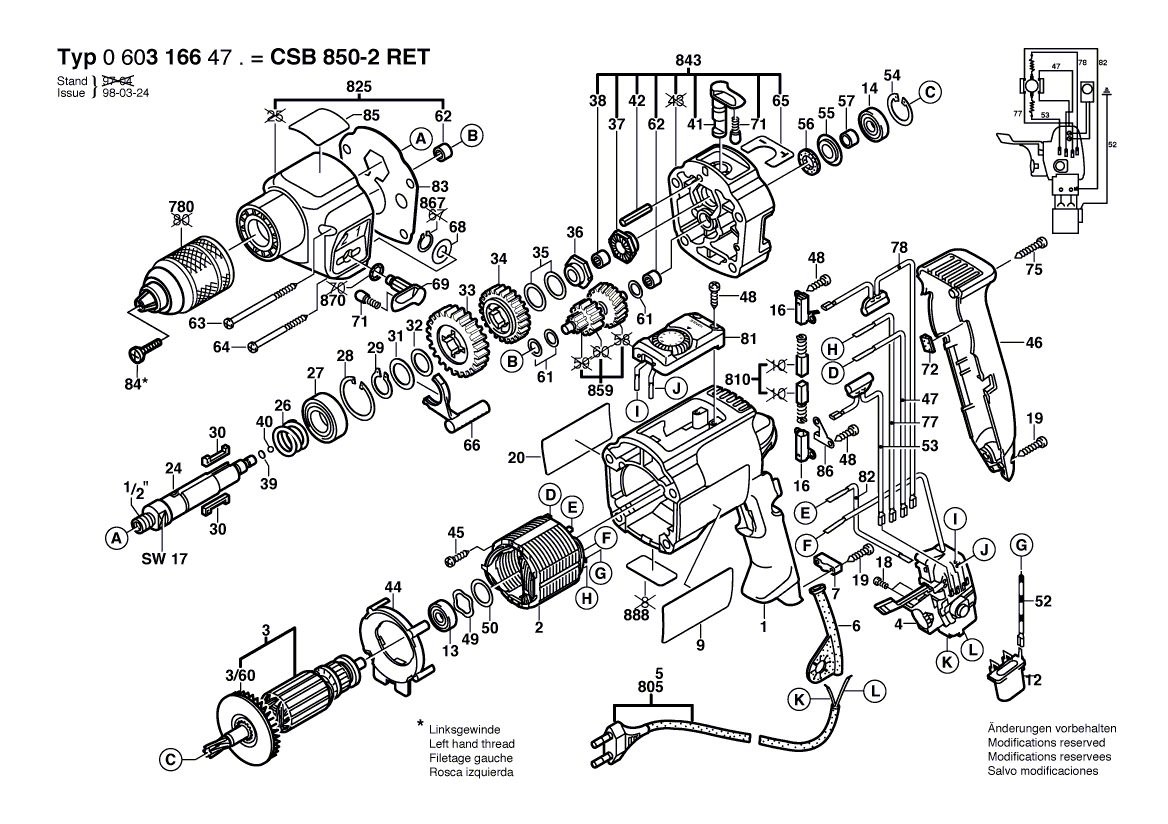 Для ударной дрели Bosch CSB 850-2 RET 230 V 0603166470, деталировка 1