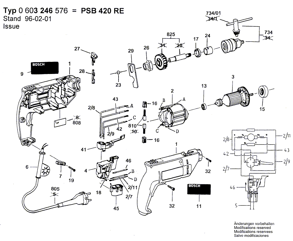 Для ударной дрели Bosch PSB 420 RE 230 V 0603246576, деталировка 1