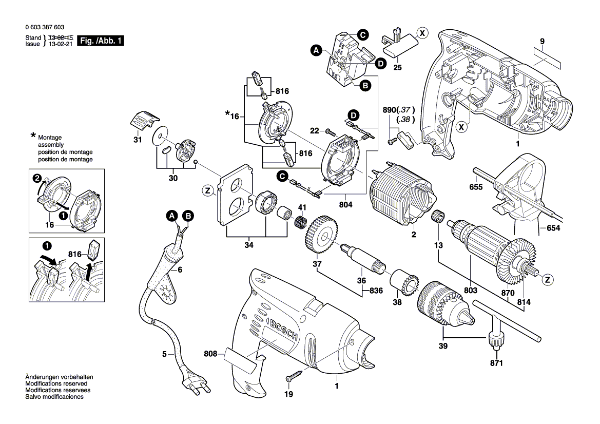 Для ударной дрели Bosch PSB 500 RE 230 V 0603387603, деталировка 1