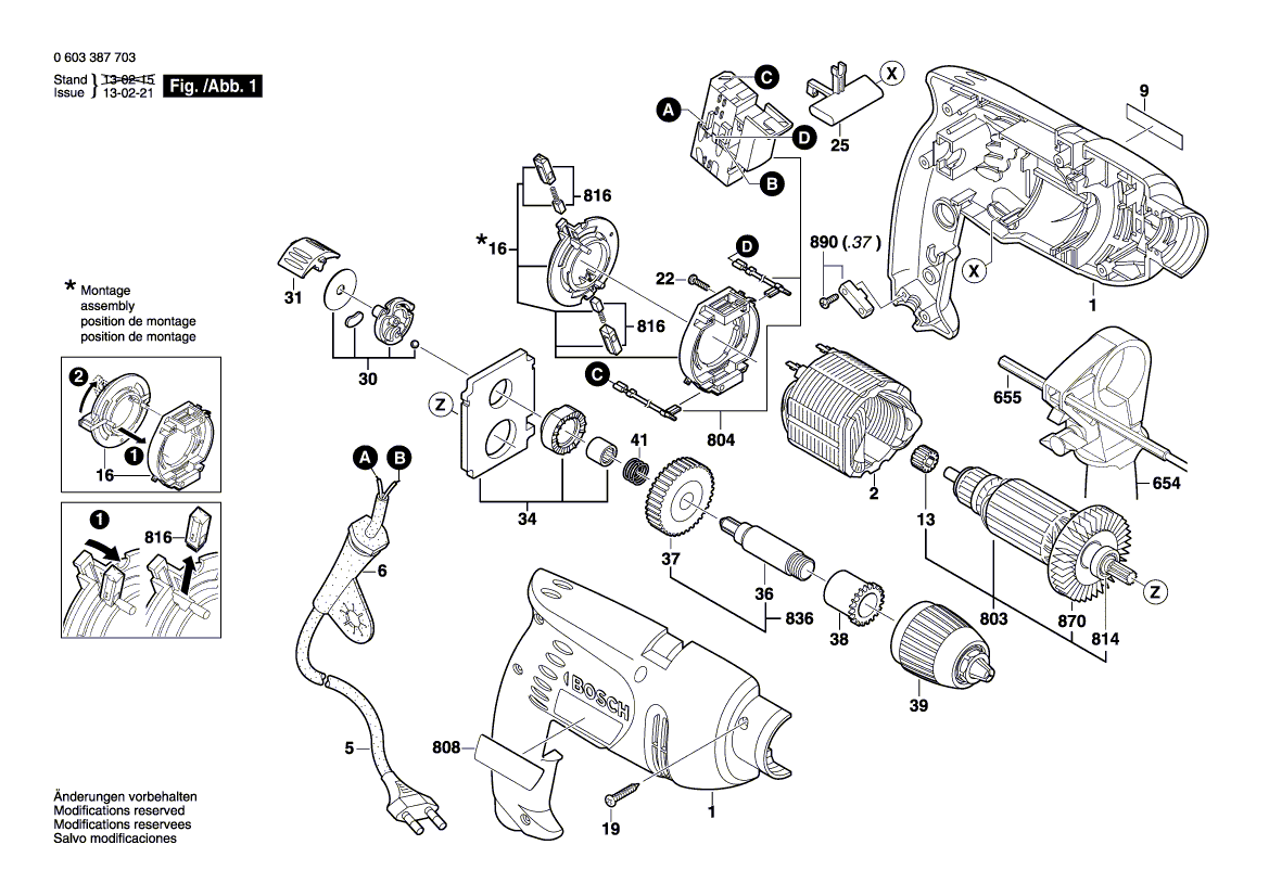 Для ударной дрели Bosch PSB 500 RE 230 V 0603387760, деталировка 1