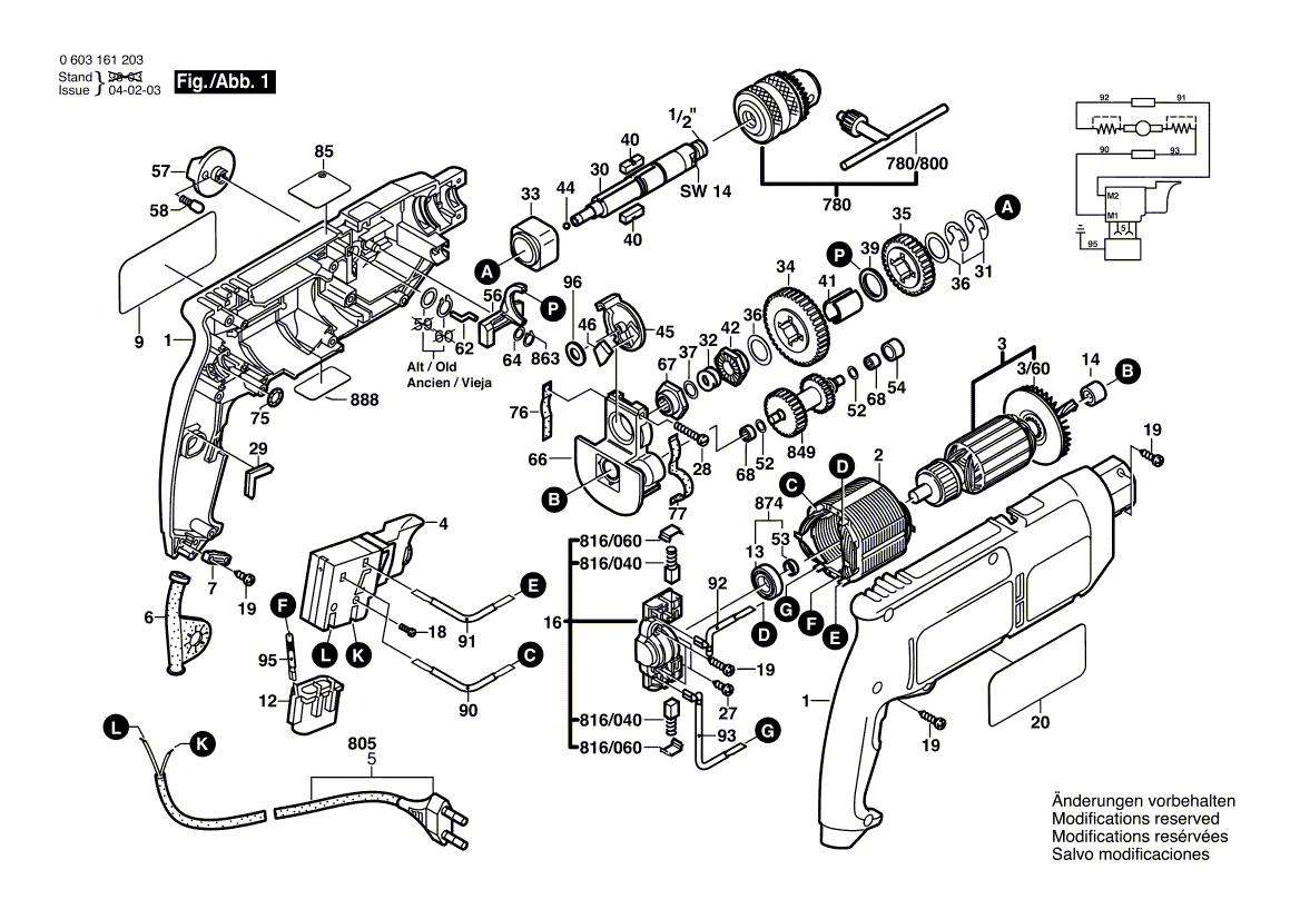 Для ударной дрели Bosch PSB 680-2 230 V 0603161203, деталировка 1