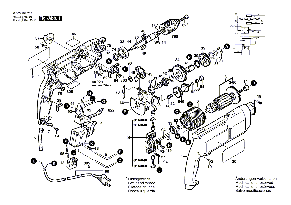 Для ударной дрели Bosch PSB 680-2 RE 230 V 0603161703, деталировка 1