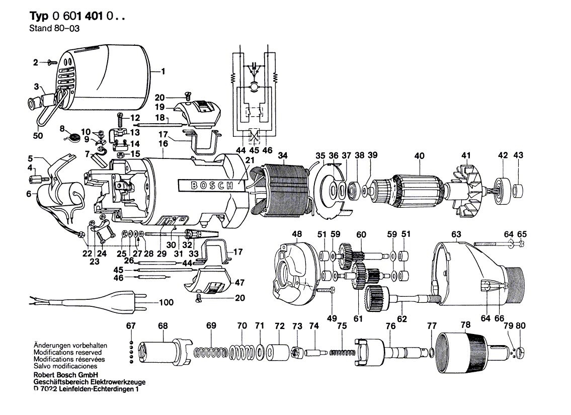 для шуруповерта Bosch 220 V 0601401003, деталировка 1