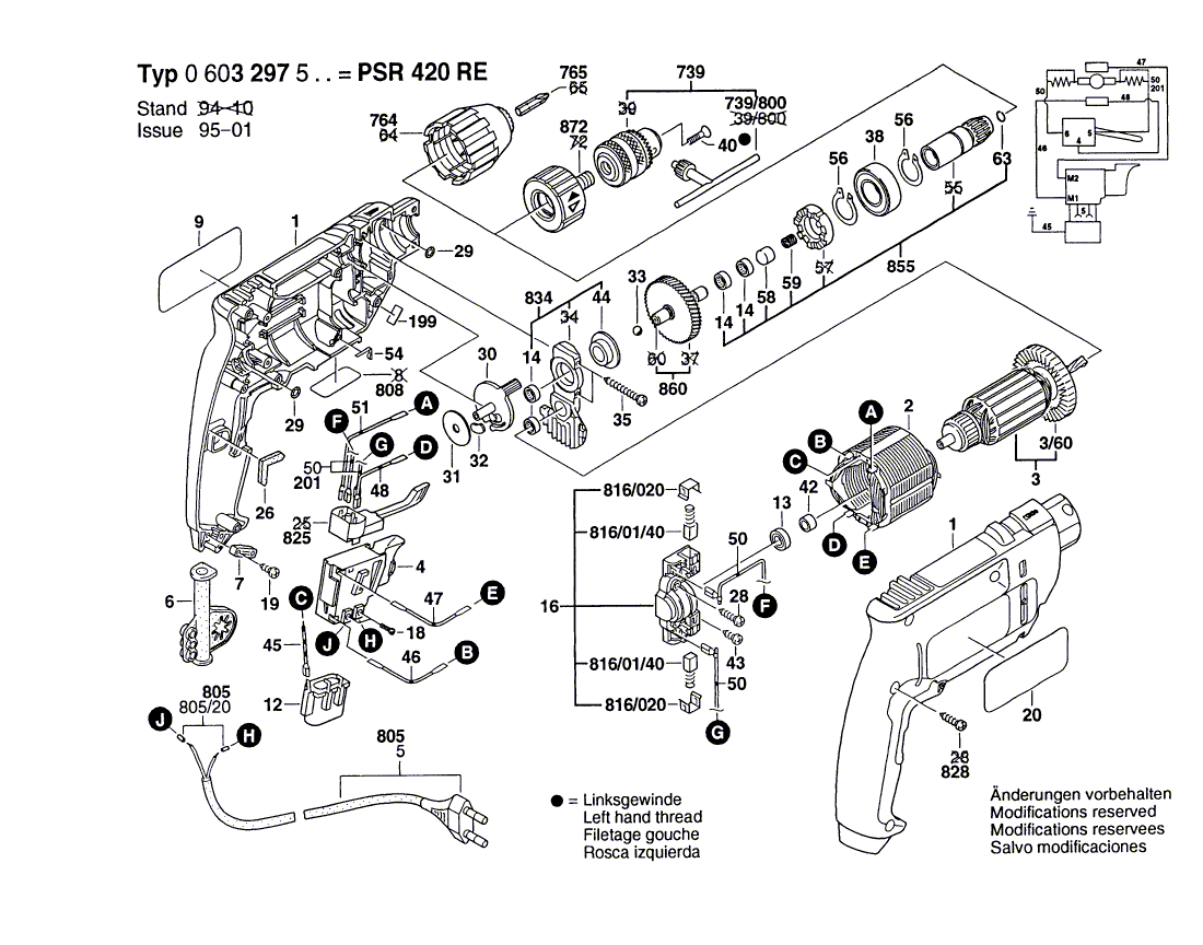 Для шуруповерта Bosch PSR 420 RE 230 V 0603297503, деталировка 1