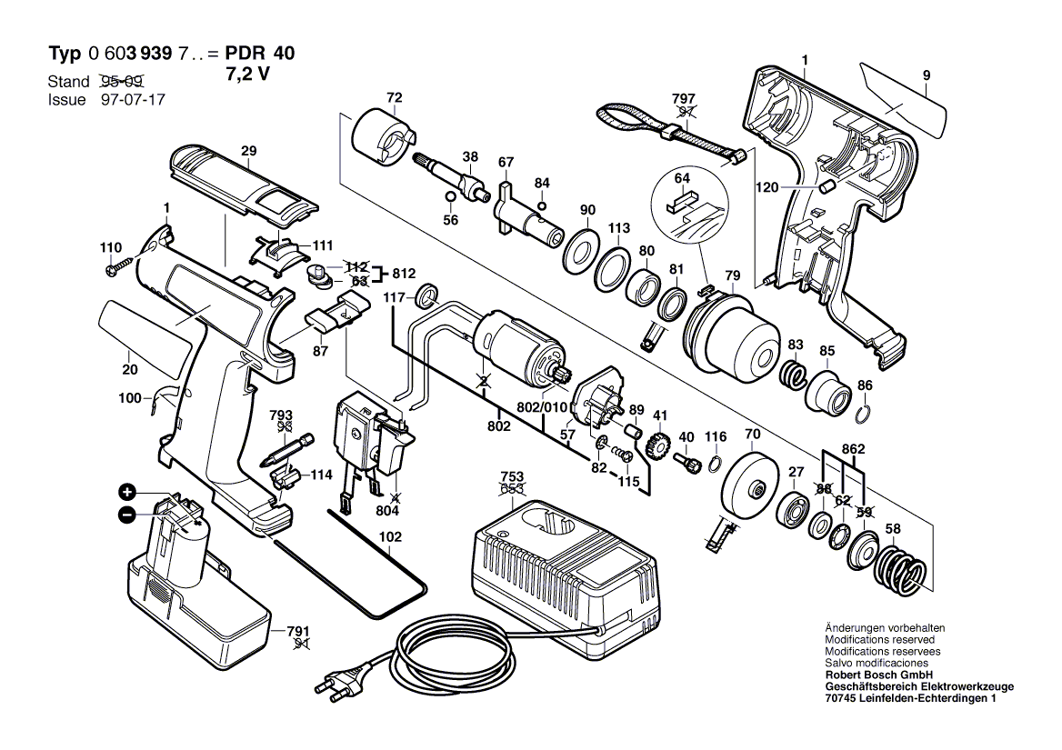 Для аккумуляторного импульсного гайковерта Bosch PDR 7,2 VE 7.2 V 0603939703, деталировка 1