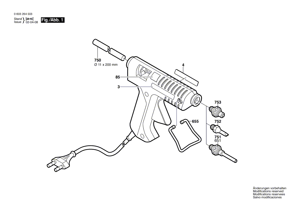 Для клеевого пистолета Bosch PKP 18 E 230 V 0603264503, деталировка 1