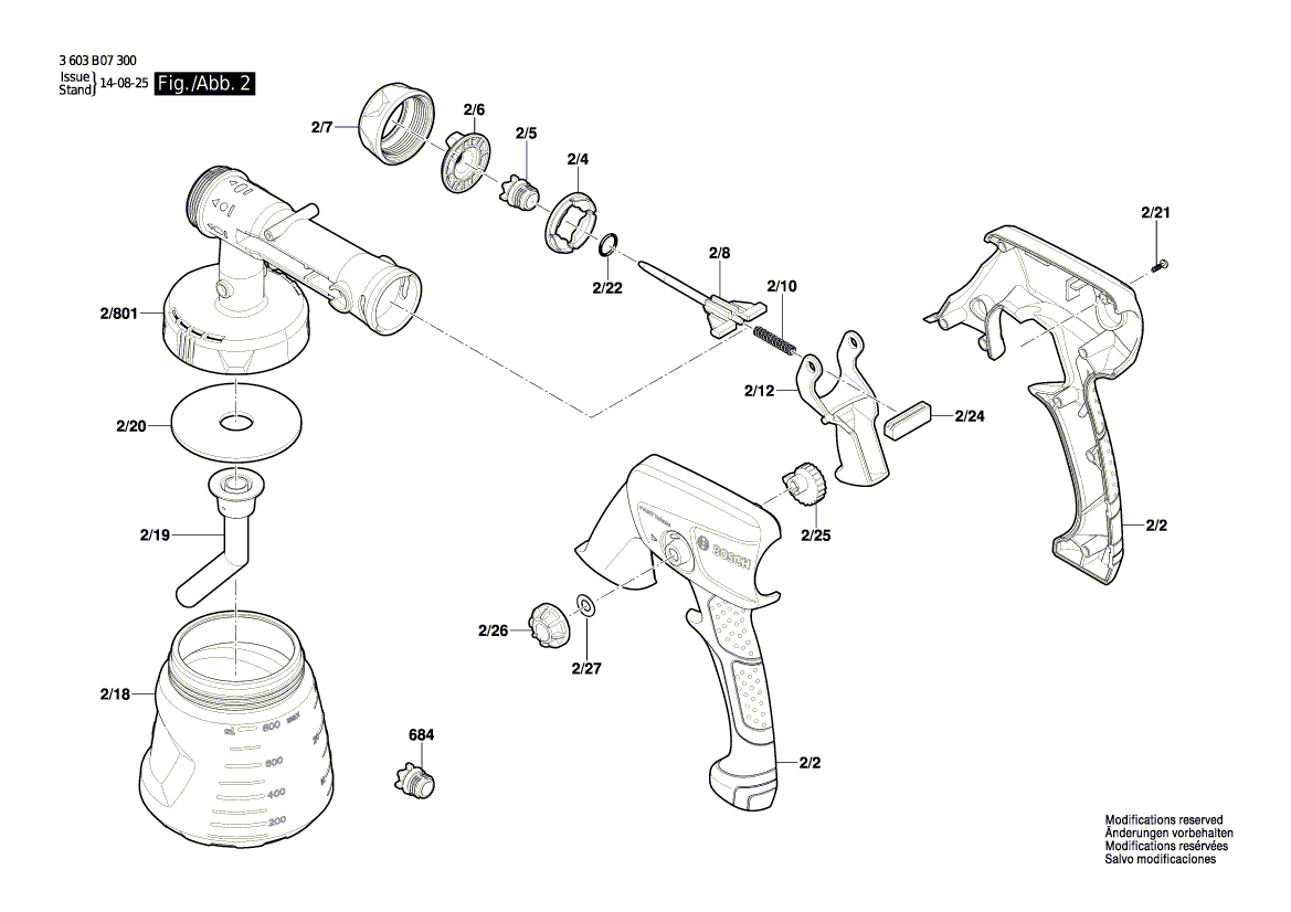 Для пистолета-распылителя Bosch PFS 2000 230 V 3603B07300, деталировка 2