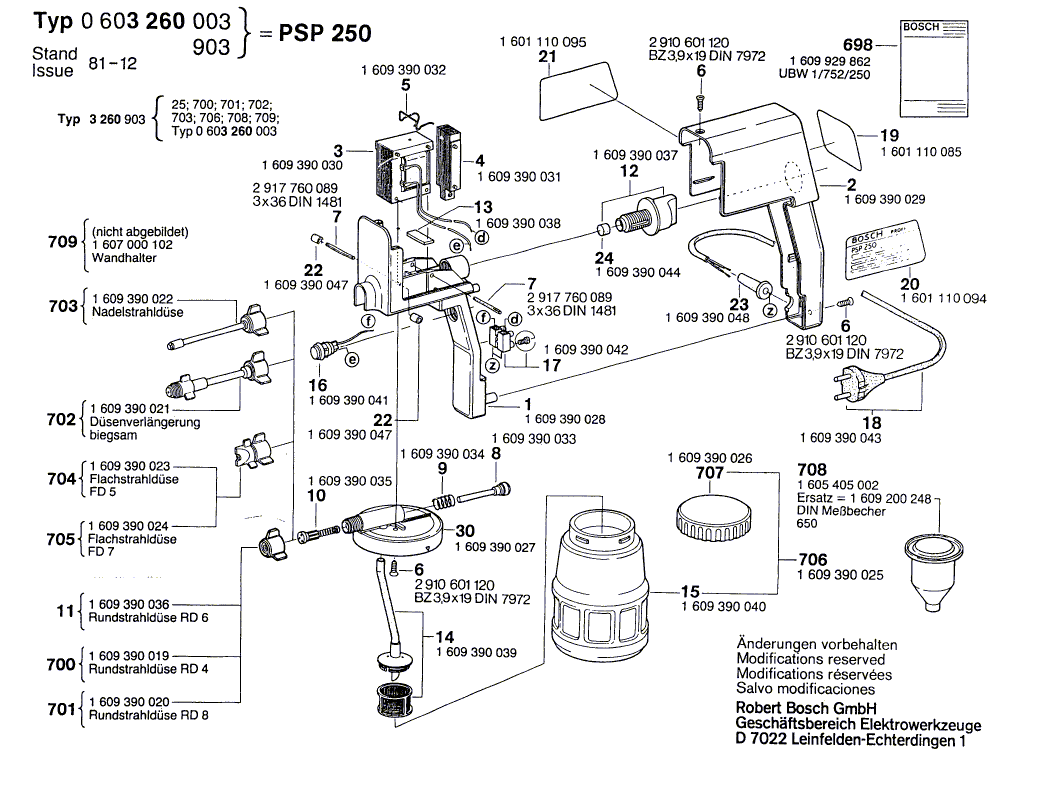 Для пистолета-распылителя Bosch PSP 250 220 V 0603260003, деталировка 1