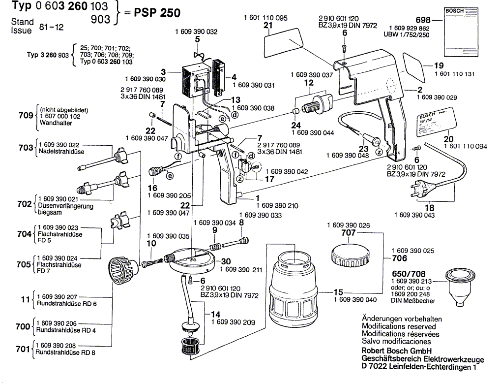 Для пистолета-распылителя Bosch PSP 250 220 V 0603260103, деталировка 1