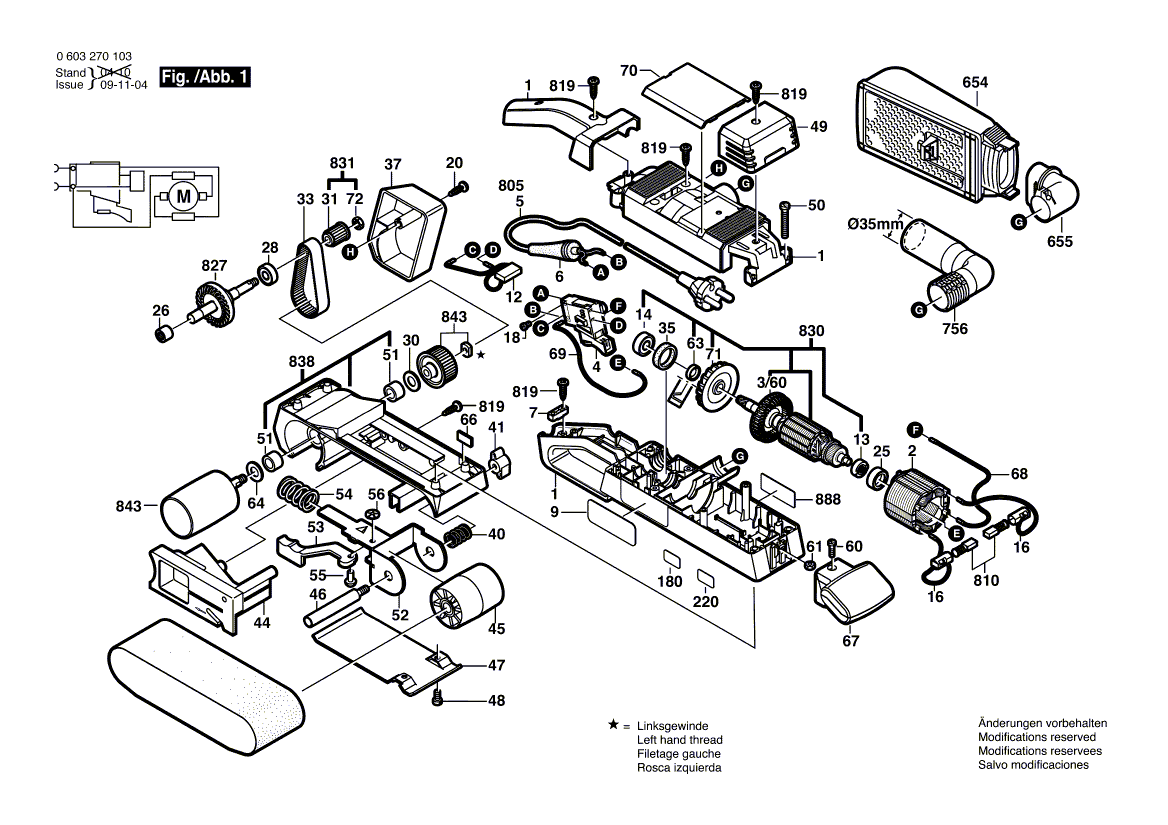 Для ленточной шлифовальной машины Bosch PBS 75 A 230 V 0603270103, деталировка 1