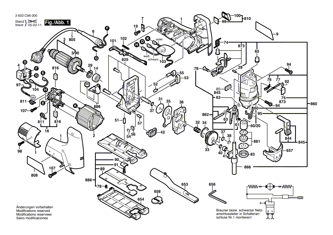 Для маятниковой лобзиковой пилы Bosch PST 1000 CE 230 V 3603C96000, деталировка 1