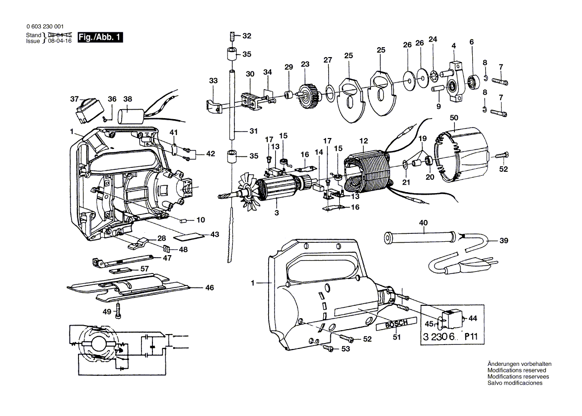 Для электролобзика Bosch P 10 220 V 0603230003, деталировка 1