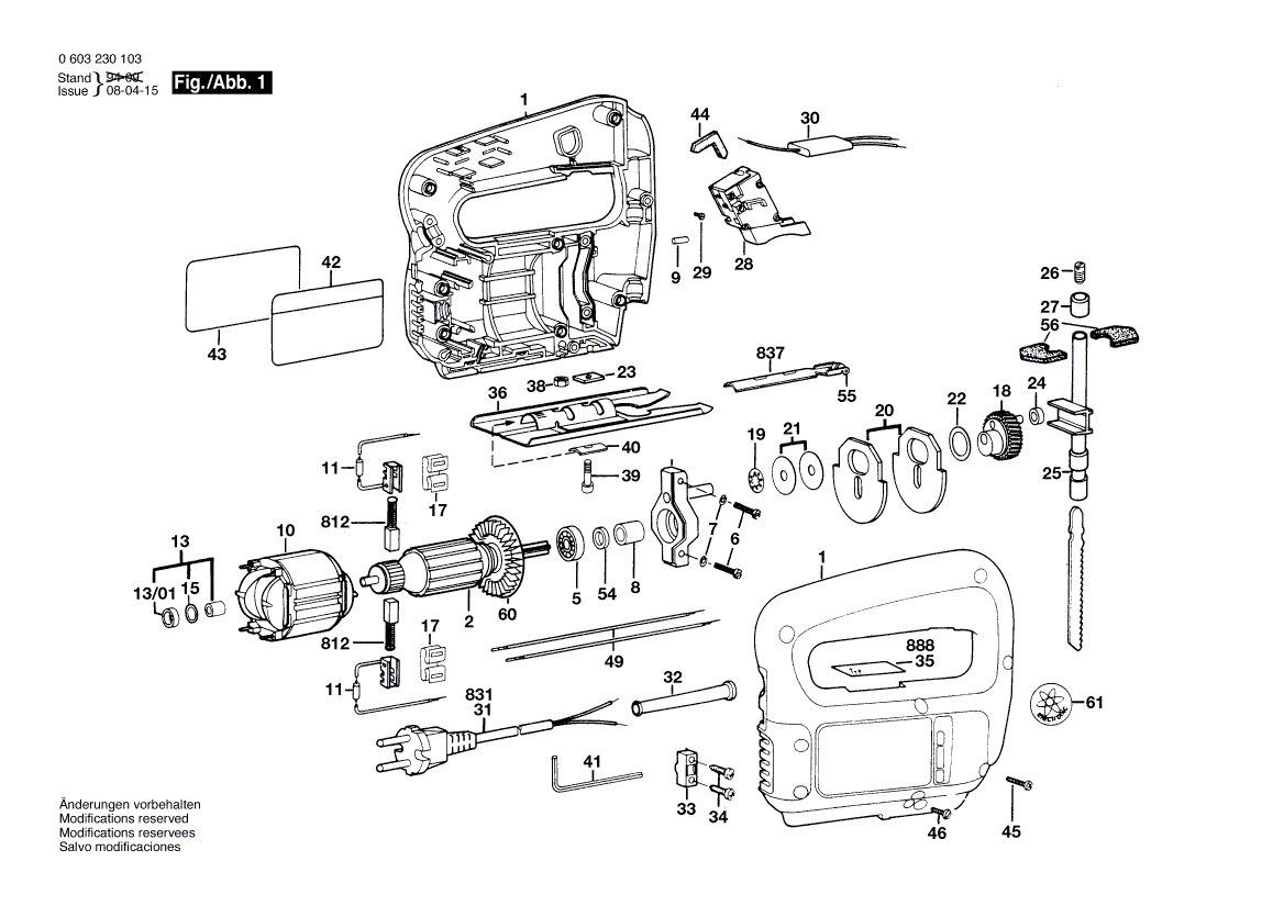 Для электролобзика Bosch PST 50 220 V 0603230103, деталировка 1