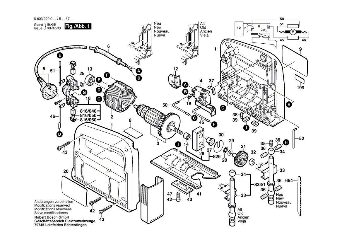 Для электролобзика Bosch PST 50 A 220 V 0603229503, деталировка 1