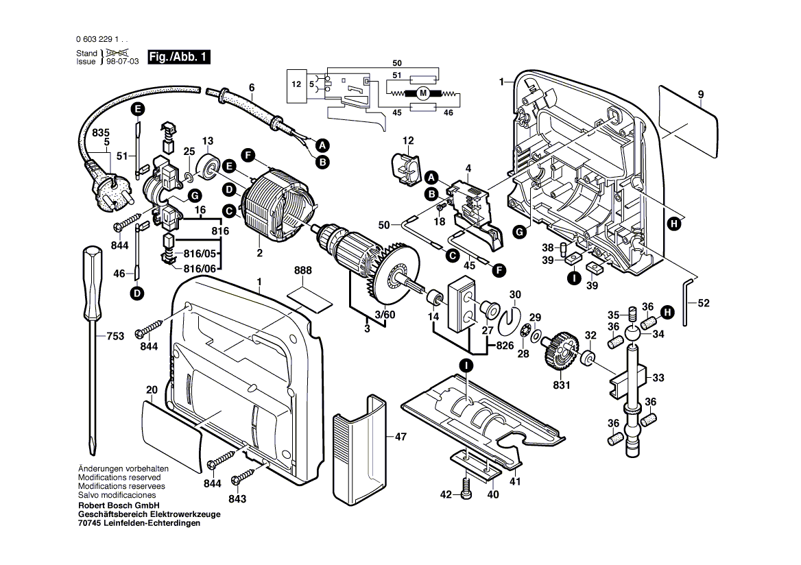 Для электролобзика Bosch PST 50 A 230 V 0603229103, деталировка 1