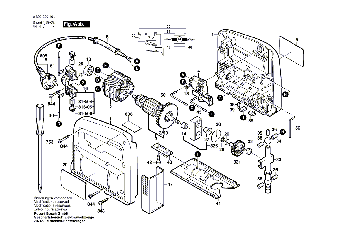 Для электролобзика Bosch PST 50 AE 230 V 0603229160, деталировка 1