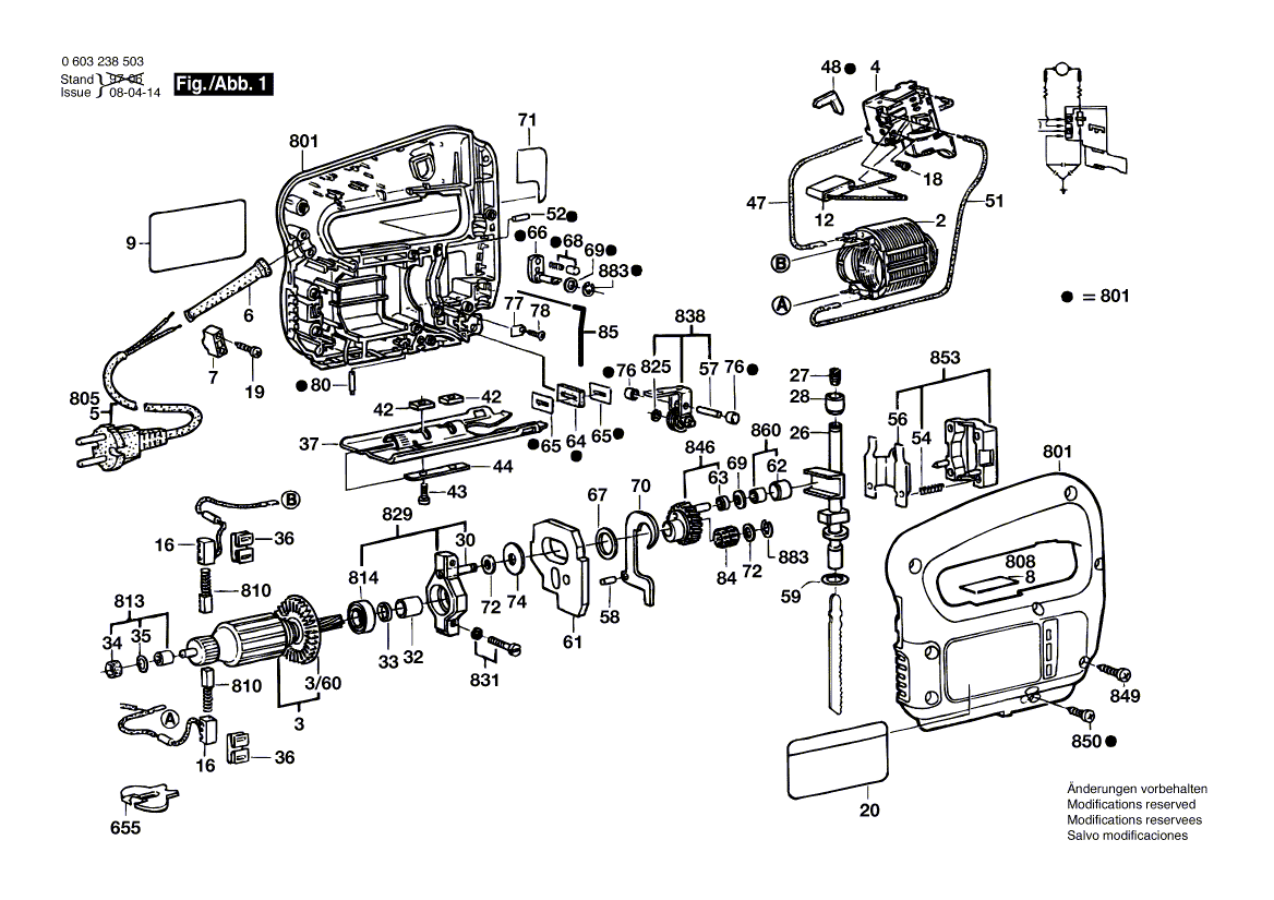 Для электролобзика Bosch PST 50 PE 220 V 0603238503, деталировка 1