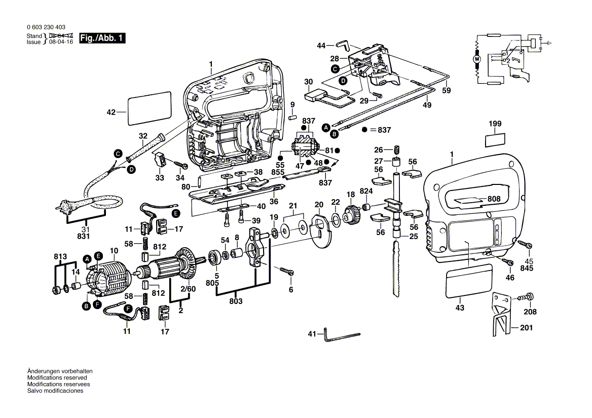 Для электролобзика Bosch PST 50-E 220 V 0603230403, деталировка 1