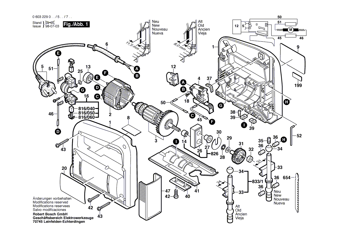 Для электролобзика Bosch PST 52 A 220 V 0603229003, деталировка 1