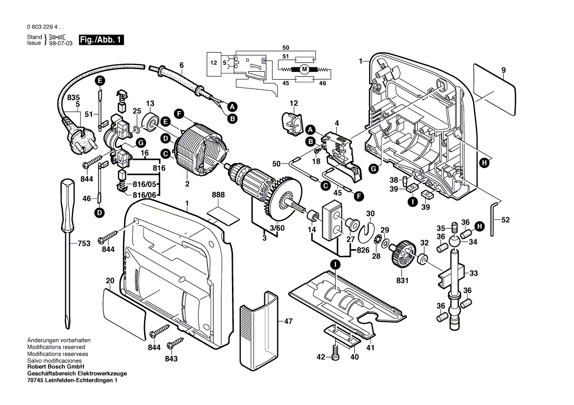 Для электролобзика Bosch PST 52 A 230 V 0603229403, деталировка 1