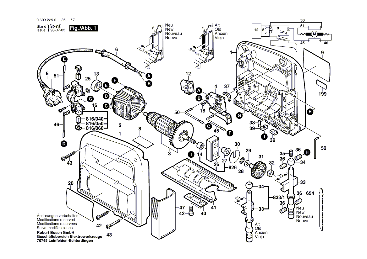 Для электролобзика Bosch PST 52 AE 220 V 0603229703, деталировка 1