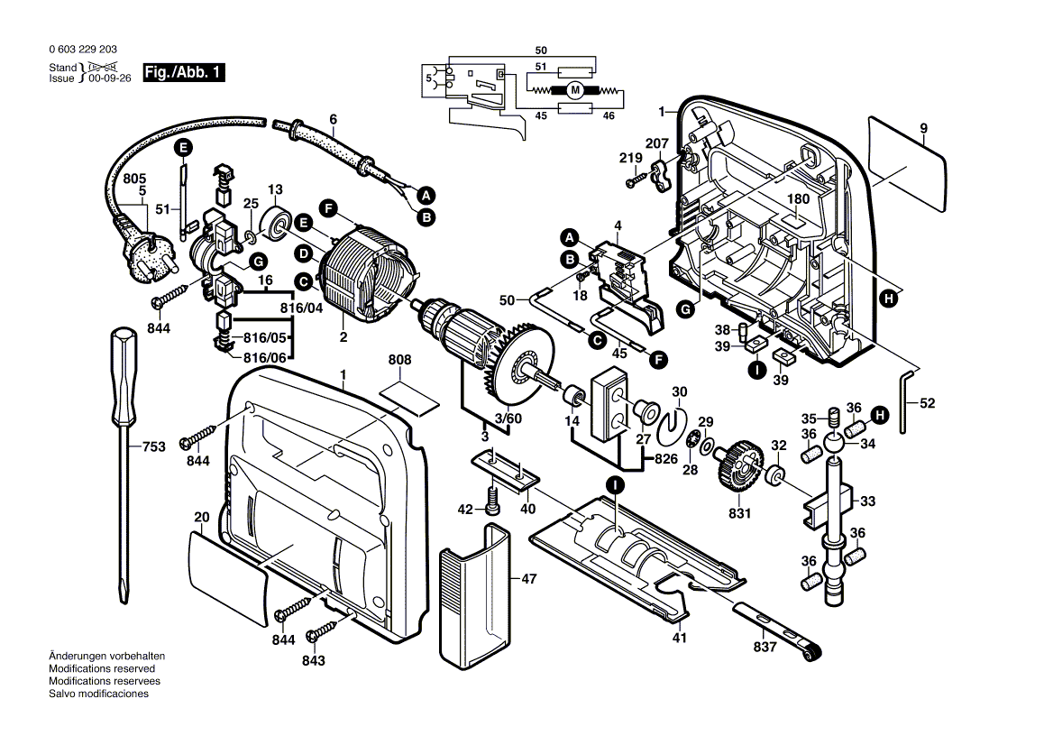 Для электролобзика Bosch PST 53 A 230 V 0603229203, деталировка 1