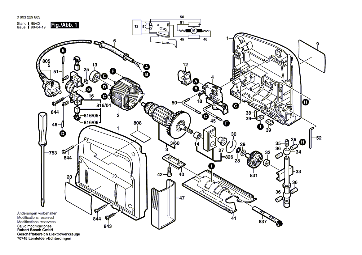 Для электролобзика Bosch PST 53 AE 230 V 0603229803, деталировка 1