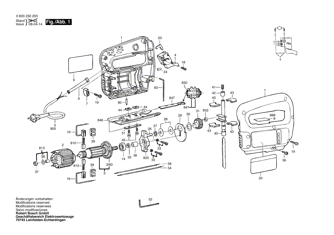 Для электролобзика Bosch PST 54 220 V 0603230203, деталировка 1