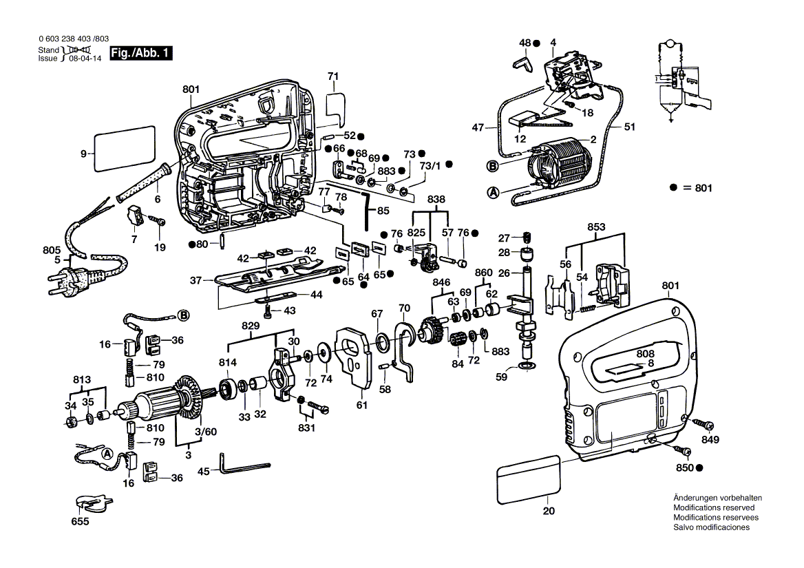 Для электролобзика Bosch PST 54 PE 220 V 0603238403, деталировка 1