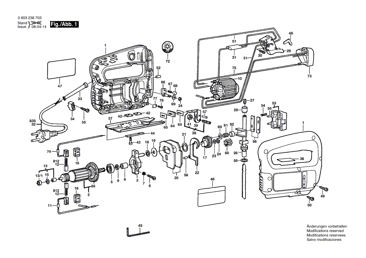 Для электролобзика Bosch PST 55 PE 220 V 0603238703, деталировка 1