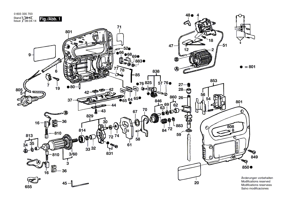 Для электролобзика Bosch PST 58 PE 230 V 0603335703, деталировка 1