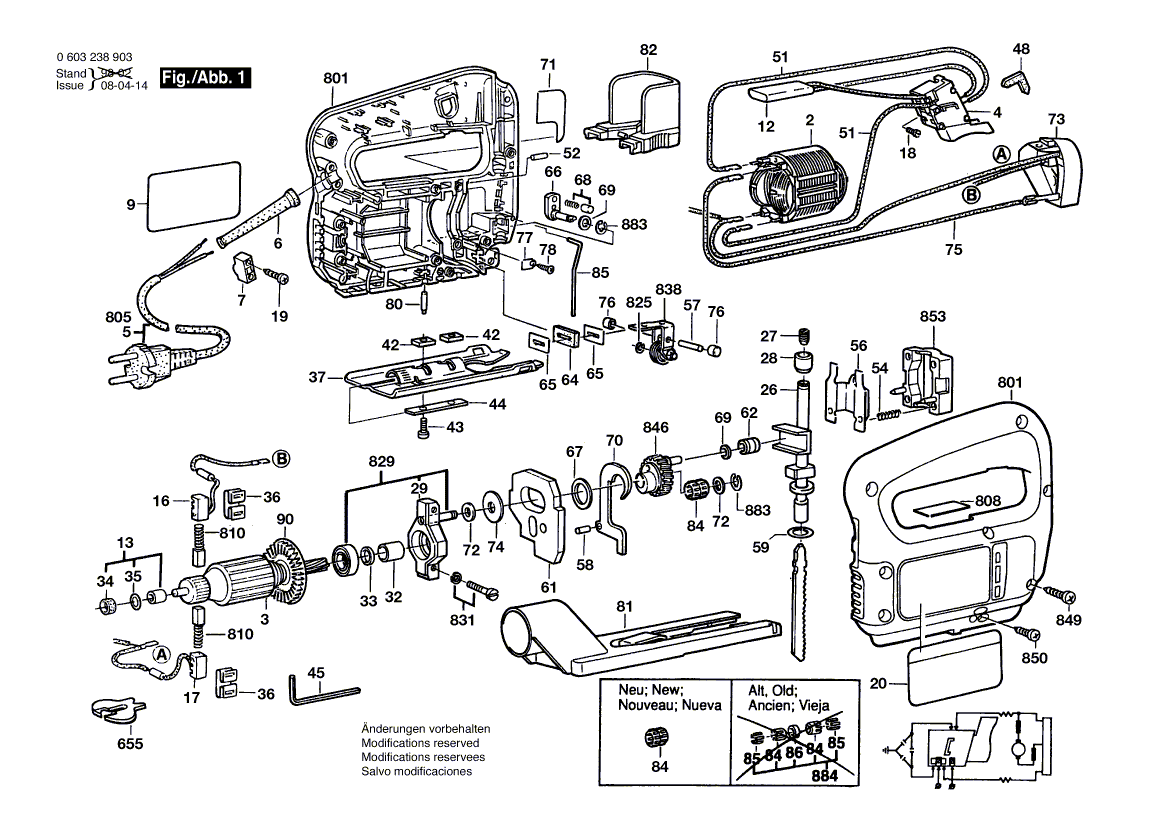 Для электролобзика Bosch PST 60 PEA 220 V 0603238903, деталировка 1