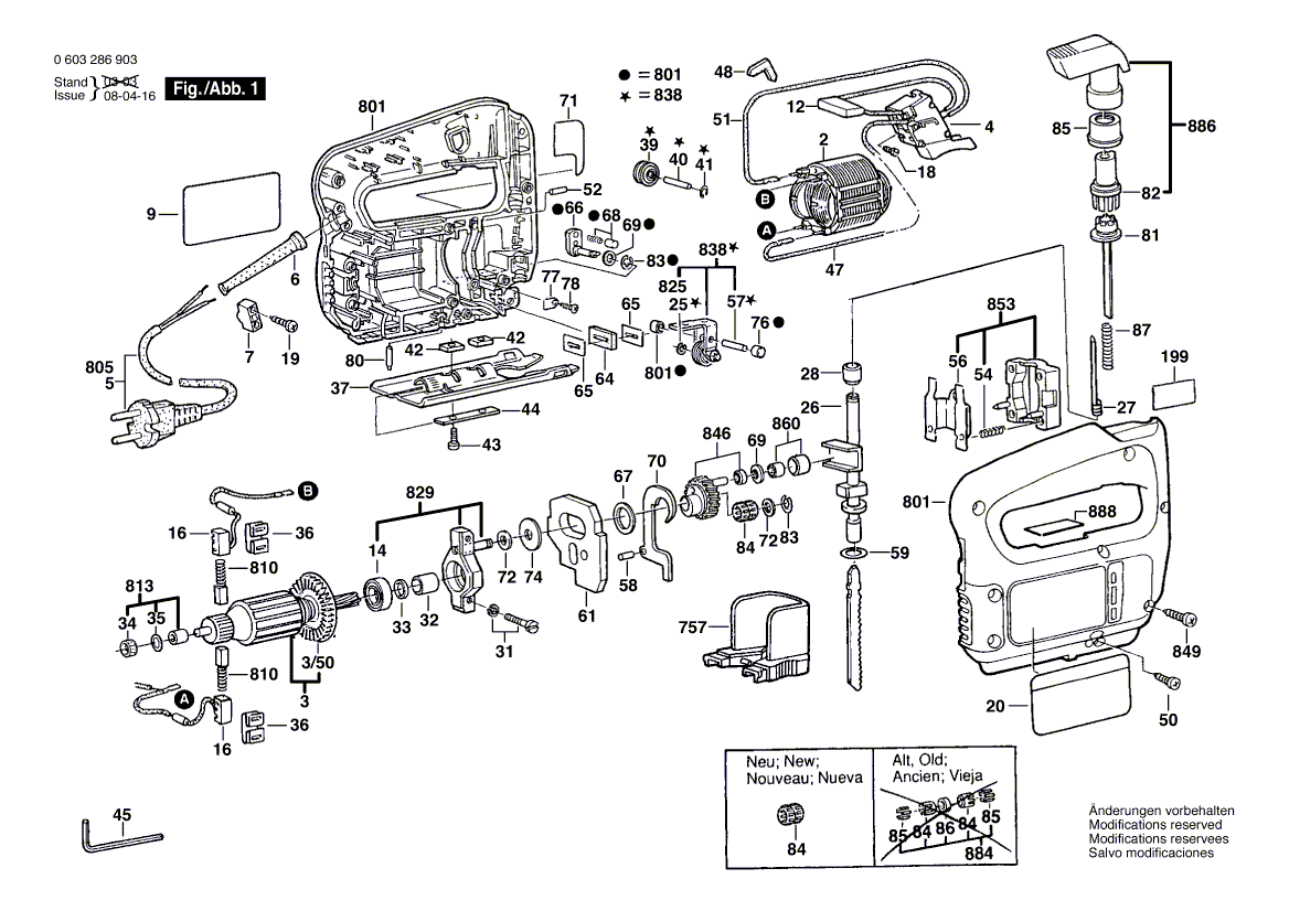 Для электролобзика Bosch PST 65 PAE 230 V 0603286903, деталировка 1