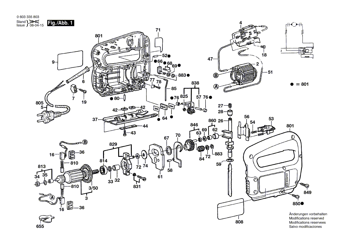 Для электролобзика Bosch PST 65 PE 230 V 0603335803, деталировка 1