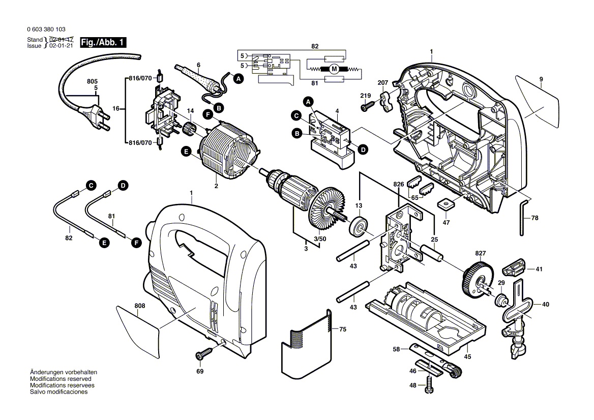 Для электролобзика Bosch PST 650 230 V 0603380103, деталировка 1