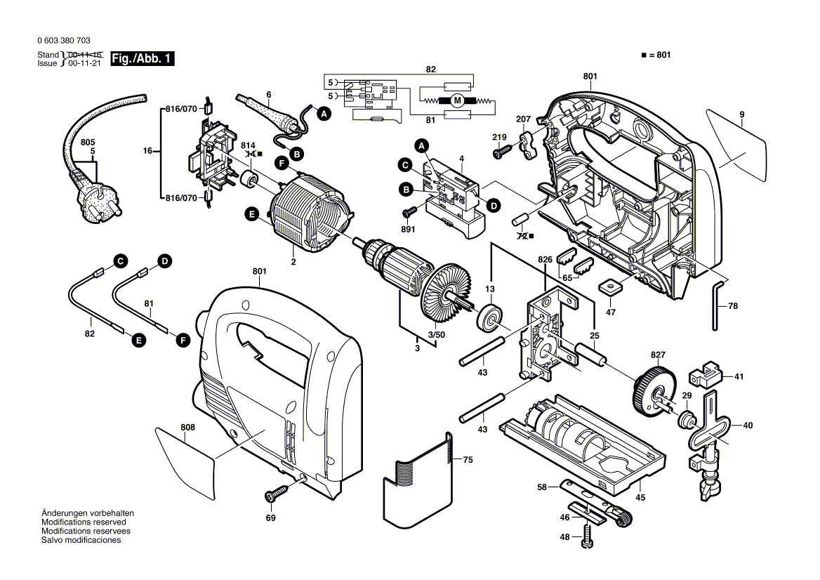 Для электролобзика Bosch PST 650 E 230 V 0603380703, деталировка 1