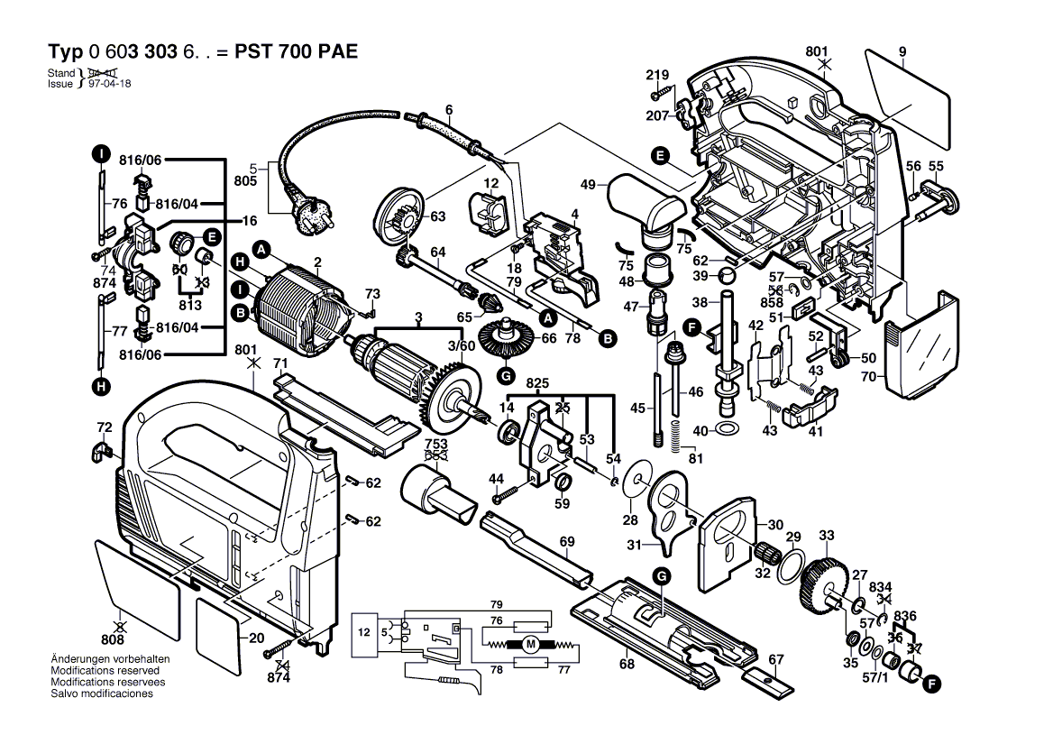 Для электролобзика Bosch PST 700 PAE 230 V 0603303603, деталировка 1