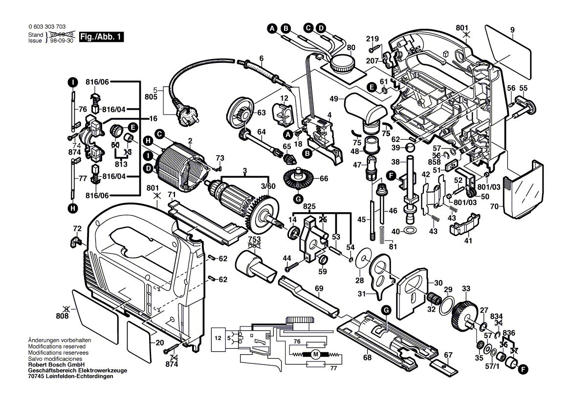 Для электролобзика Bosch PST 800 PAC 230 V 0603303703, деталировка 1