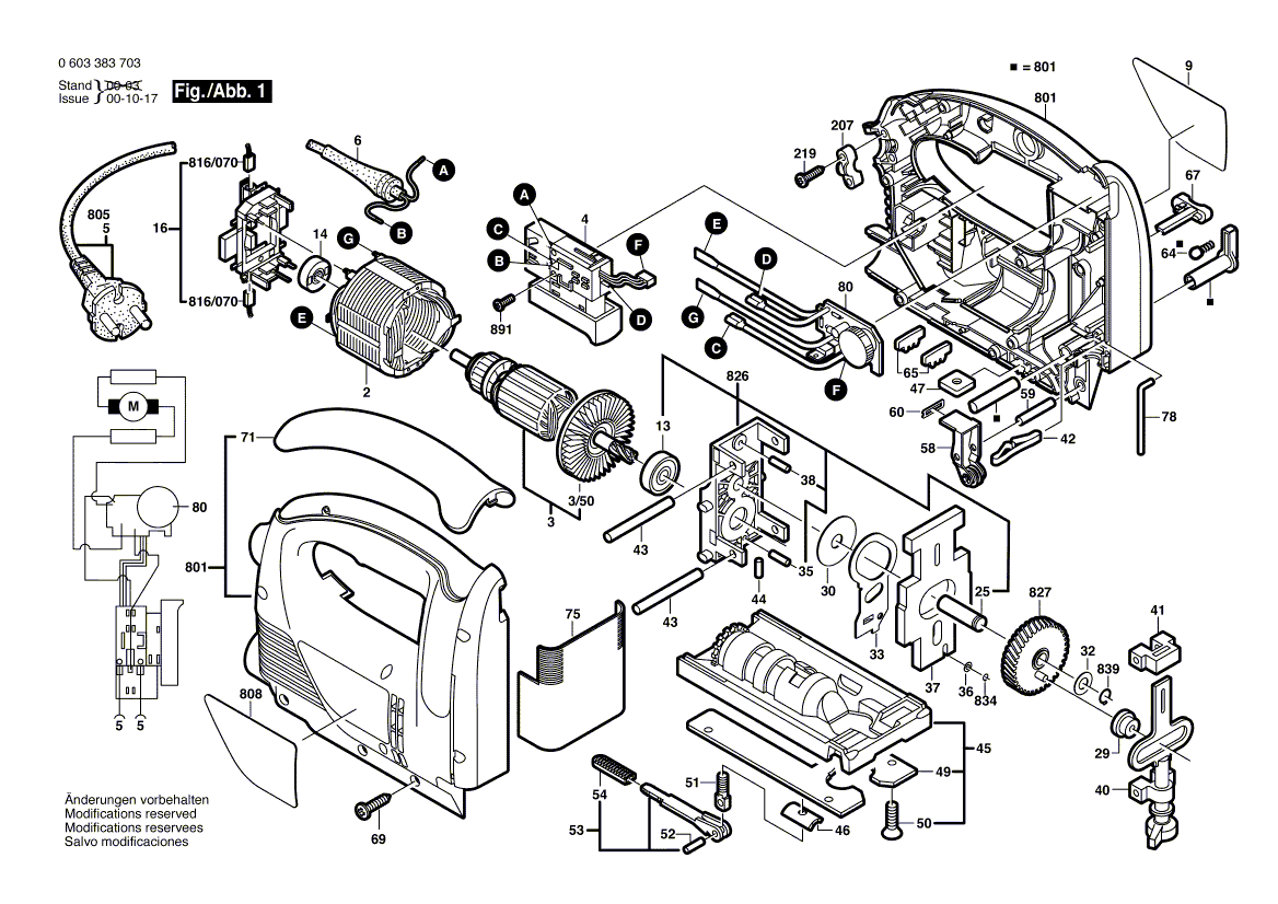 Для электролобзика Bosch PST 850 PE 230 V 0603383703, деталировка 1